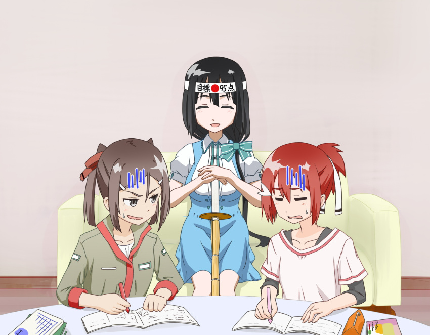 3girls :d =_= ^_^ aqua_bow bangs black_eyes black_hair blue_skirt blush book_stack bow brown_hair clenched_hand closed_eyes collarbone couch eyebrows_visible_through_hair gloom_(expression) hair_between_eyes hair_ornament hair_over_shoulder hair_ribbon hairclip hands_on_hilt headband high-waist_skirt holding holding_pen homework iwamototuka long_hair looking_at_another low_ponytail miyoshi_karin multiple_girls number on_couch on_floor open_mouth own_hands_together parted_bangs pencil_case pink_shirt puffy_short_sleeves puffy_sleeves red_ribbon redhead ribbon shinai shirt short_ponytail short_sleeves side_ponytail sitting skirt smile striped striped_bow studying sweatdrop sword tougou_mimori translated twintails very_long_hair weapon white_ribbon white_shirt yuuki_yuuna yuuki_yuuna_wa_yuusha_de_aru yuusha_de_aru