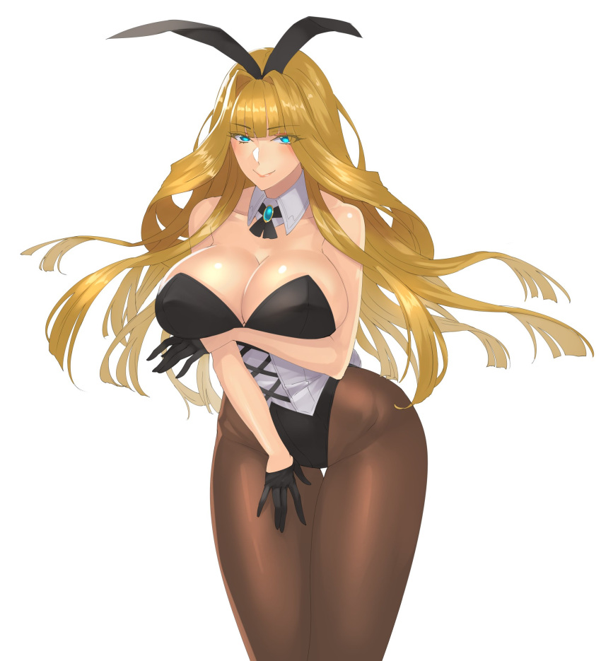 1girl animal_ears bare_shoulders black_gloves black_legwear blonde_hair blue_eyes breast_hold breasts bunnysuit cleavage corset daglasses detached_collar gloves highres large_breasts long_hair looking_at_viewer original pantyhose rabbit_ears simple_background smile solo white_background