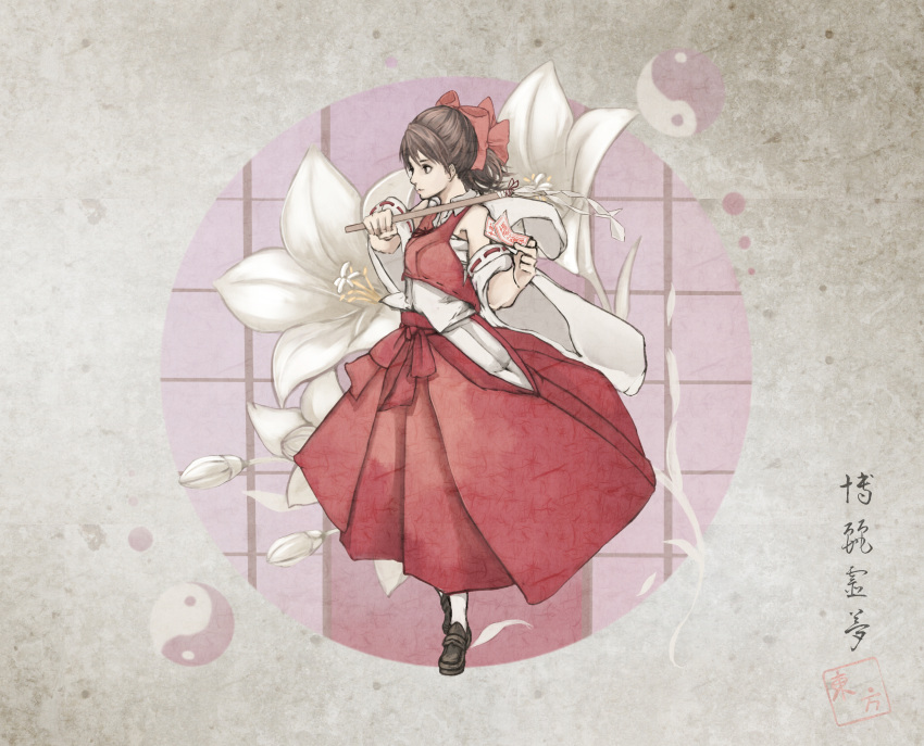 1girl absurdres adapted_costume bangs between_fingers breasts brown_hair collared_shirt detached_sleeves expressionless flower gohei grey_background hair_ribbon hakurei_reimu hand_up highres lily_(flower) long_skirt looking_afar muted_color nagi_(xx001122) red_skirt red_vest ribbon ribbon-trimmed_sleeves ribbon_trim round_window shiny shiny_hair shirt short_hair signature skirt skirt_set small_breasts solo talismans touhou translation_request vest white_legwear white_shirt yin_yang
