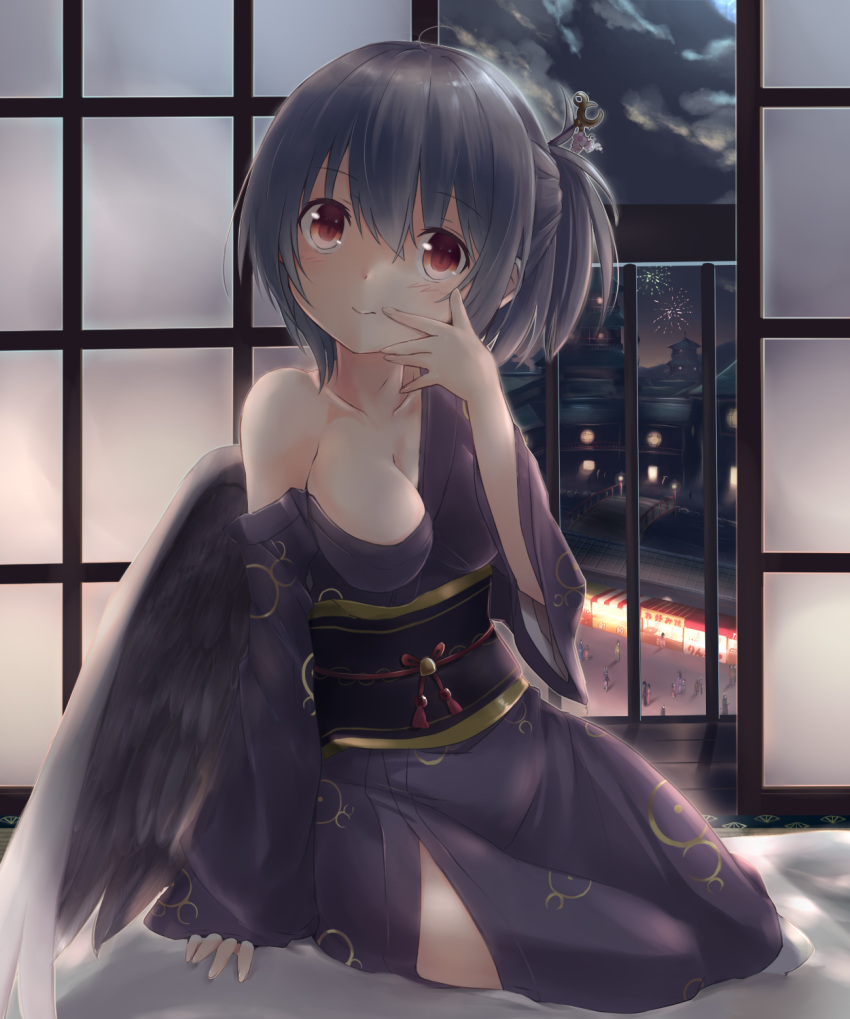1girl alternate_costume alternate_hairstyle breasts bridge building clouds commentary_request fireworks highres indoors japanese_clothes kimono kishin_sagume kuro_(baseball0000) looking_at_viewer medium_breasts obi off_shoulder red_eyes sash silver_hair single_wing sitting smile solo touhou wings