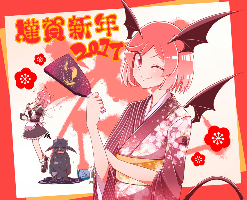 &gt;;) &gt;_&lt; 2017 2girls ;) alternate_costume alternate_hair_length alternate_hairstyle apron bat_wings border bowl bucket chopsticks closed_eyes commentary_request demon_tail fairy_maid fairy_wings fang fang_out flower flying_sweatdrops full_body hagoita hanetsuki head_tilt head_wings highres hobgoblin_(touhou) holding japanese_clothes kimono koakuma long_hair looking_at_viewer maid maid_headdress multiple_girls new_year one_eye_closed paddle paint pink_hair red_border red_eyes redhead short_hair simple_background smile solo_focus squiggle sugiura_rippu tail touhou translated upper_body waist_apron white_pupils wings