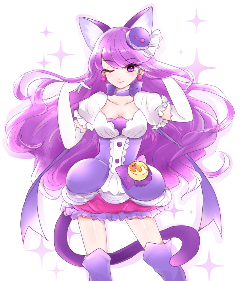 1girl animal_ears bow bubble_skirt cat_ears cat_tail chemaru_(a8l) choker cowboy_shot cure_macaron earrings elbow_gloves extra_ears food_themed_hair_ornament gloves hair_ornament highres jewelry kirakira_precure_a_la_mode kotozume_yukari layered_skirt long_hair looking_at_viewer macaron_hair_ornament magical_girl one_eye_closed precure purple purple_bow purple_hair purple_legwear purple_skirt ribbon_choker skirt smile solo tail thigh-highs violet_eyes white_background white_gloves