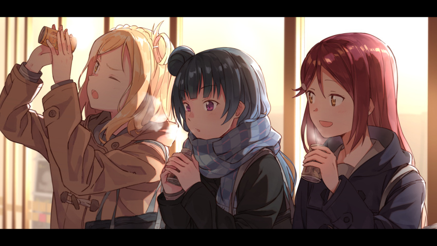 3girls bag blonde_hair blue_hair bottle braid breath can canned_coffee crown_braid enpera guilty_kiss_(love_live!) hair_ornament hair_rings hairclip highres holding holding_bottle holding_can hood hooded_jacket jacket letterboxed long_hair looking_at_another love_live! love_live!_sunshine!! megumegu_hosi_117 multiple_girls ohara_mari one_eye_closed open_mouth pink_eyes raised_eyebrows redhead sakurauchi_riko scarf school_bag side_bun sunset tsushima_yoshiko upper_body window yellow_eyes