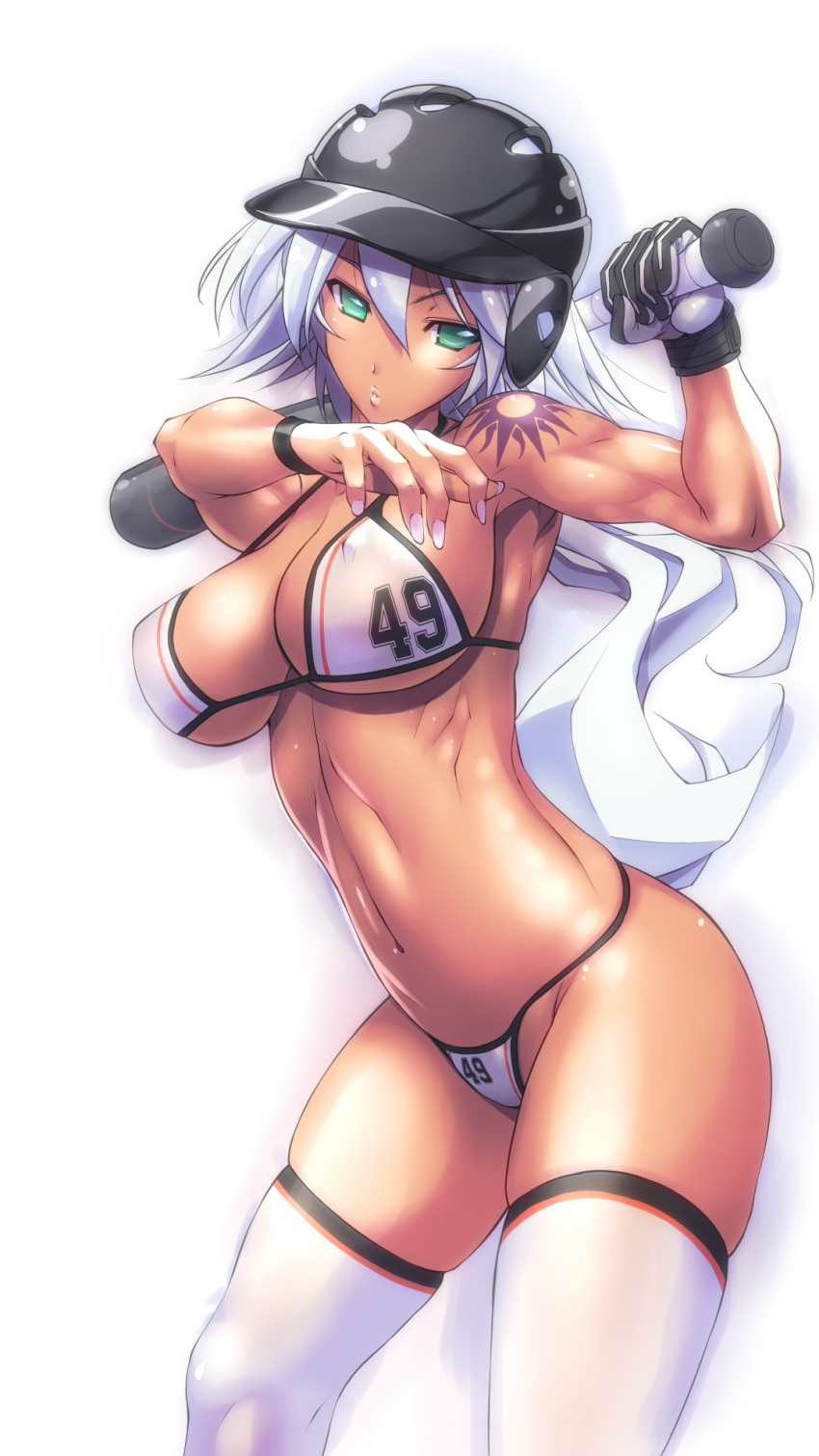 1girl aqua_eyes baseball_bat baseball_helmet breasts cleavage dark_skin erect_nipples gloves helmet highres large_breasts long_hair looking_at_viewer muscle muscular_female navel original parted_lips rakko_(r2) silver_hair simple_background skindentation solo tattoo thick_thighs thighs toned under_boob white_background