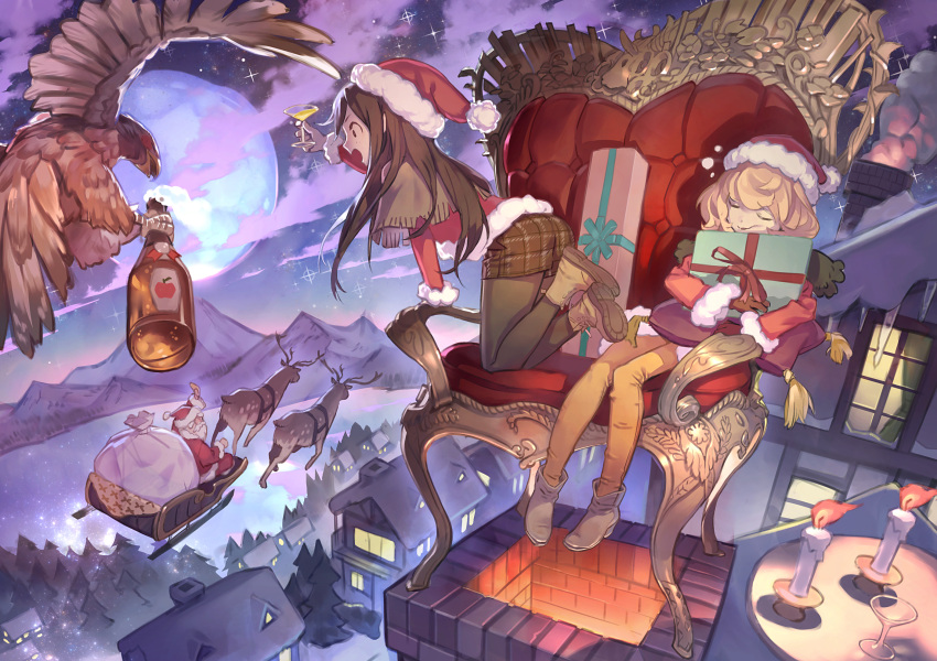 1boy 2girls bird black_legwear blonde_hair bottle box brown_hair candle chair chimney christmas clouds drink flying gift gift_bag gift_box hat highres house icicle katahira_(hiyama) legwear_under_shorts long_hair looking_at_another multiple_girls night open_mouth original reindeer santa_claus santa_hat short_hair shorts sleeping snow town waving