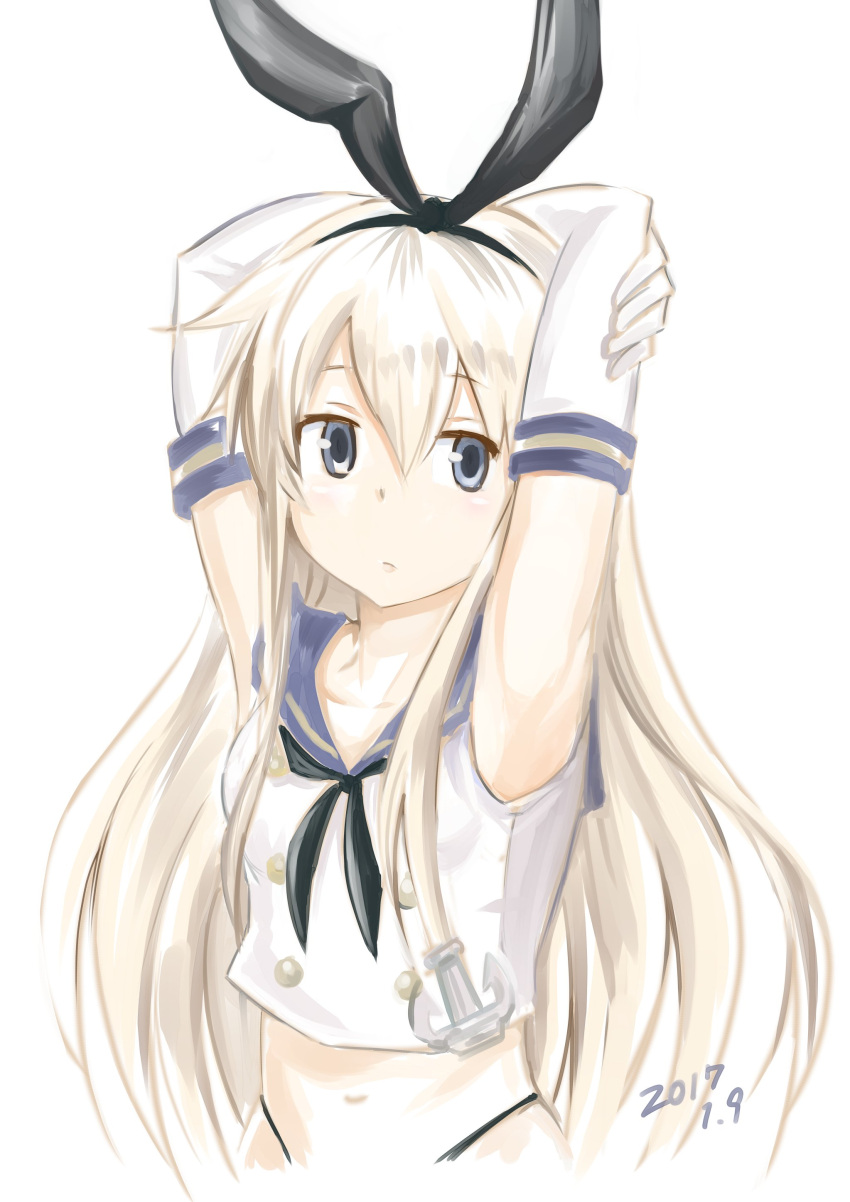 1girl 2017 absurdres anchor_hair_ornament animal_ears arms_behind_head arms_up blonde_hair breasts collarbone commentary_request dated elbow_gloves fake_animal_ears gloves grey_eyes hair_ornament hairband highres inoue_kousei kantai_collection long_hair looking_at_viewer midriff navel neckerchief open_mouth panty_straps rabbit_ears sailor_collar sailor_shirt shimakaze_(kantai_collection) shirt sidelocks sleeveless sleeveless_shirt small_breasts solo white_background white_gloves white_shirt