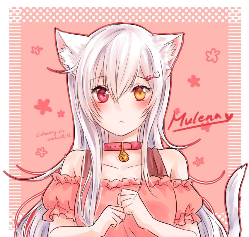 1girl :&lt; animal_ears bare_shoulders bell cat_ears cat_hair_ornament cat_tail clenched_hands collar dated hair_ornament hairclip heterochromia highres jingle_bell liu_chun-ling long_hair orange_eyes original red_eyes signature solo white_hair