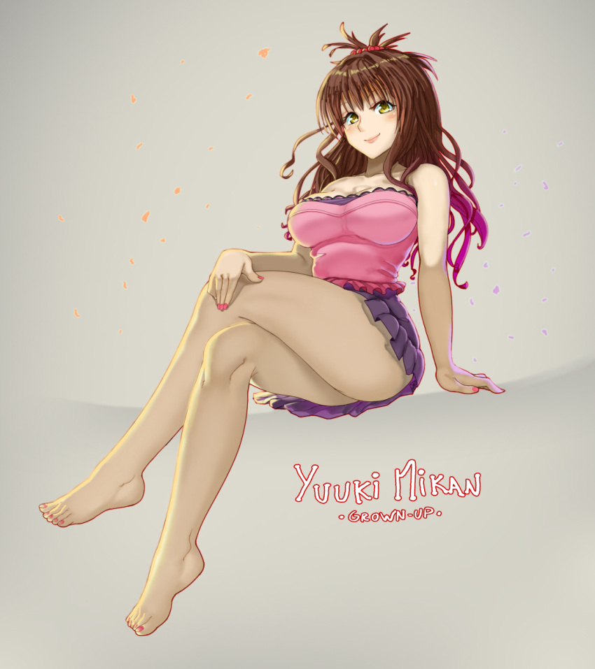 1girl arm_support bangs bare_arms bare_legs bare_shoulders barefoot blush breasts brown_hair camisole character_name cleavage collarbone commentary full_body hair_bobbles hair_ornament highres large_breasts legs legs_crossed long_hair looking_at_viewer nail_polish older pink_nails purple_skirt sidelocks sitting skirt smile solo the_golden_smurf to_love-ru yellow_eyes yuuki_mikan