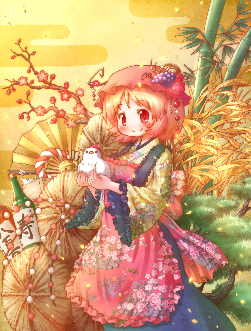 1girl aki_minoriko apron arinu bamboo bell bird black_skirt blonde_hair blush bottle chicken floral_print food fruit grapes hair_ornament hat highres japanese_clothes kimono masu new_year red_eyes rooster short_hair skirt smile solo touhou tree year_of_the_rooster