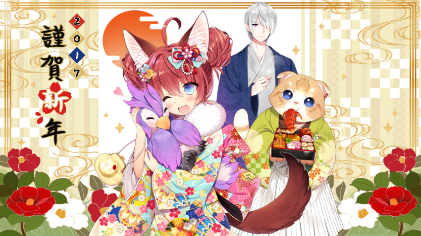 1girl 2017 2boys ;d ^_^ ahoge animal_ears bag bird blue_eyes blush brown_hair byulzzimon closed_eyes closed_mouth cup double_bun elin_(tera) eyebrows_visible_through_hair fang floral_print flower food fox_ears fox_tail furry hair_between_eyes hair_flower hair_ornament hair_over_one_eye hakama head_tilt high_elf holding holding_cup japanese_clothes kimono light_smile long_sleeves looking_at_viewer mouth_hold multiple_boys new_year number obentou one_eye_closed open_mouth pointy_ears popori short_hair silver_hair skirt smile standing tail tera_online violet_eyes white_skirt