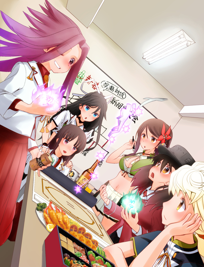 6+girls alcohol amagi_(kantai_collection) asymmetrical_hair bangs beer beer_can black_hair blonde_hair blue_eyes blush breasts brown_eyes brown_hair can cleavage cleavage_cutout cloud_print colored_eyelashes crop_top dress_shirt dutch_angle elbow_rest flower food grin hair_between_eyes hair_flower hair_ornament hair_ribbon hands_on_another's_shoulders height_difference highres hiyou_(kantai_collection) japanese_clothes jun'you_(kantai_collection) kantai_collection katsuragi_(kantai_collection) large_breasts long_hair looking_at_another looking_up magatama midriff mocha multiple_girls navel onmyouji open_mouth parted_bangs pleated_skirt ponytail purple_hair remodel_(kantai_collection) ribbon ryuujou_(kantai_collection) shikigami shirt short_hair sitting skirt smile spiky_hair standing table tempura twintails unryuu_(kantai_collection) uppercut violet_eyes yellow_eyes