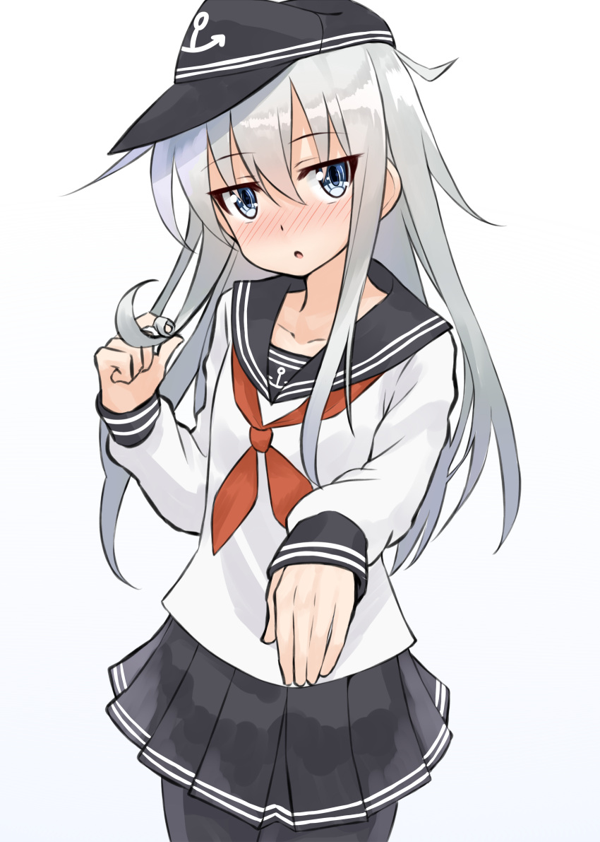 1girl :o anchor_symbol black_legwear black_skirt blue_eyes blush collarbone flat_cap grey_eyes hair_twirling hat hibiki_(kantai_collection) highres kantai_collection long_hair long_sleeves looking_at_viewer miniskirt neckerchief pleated_skirt sailor_collar school_uniform serafuku shunichi silver_hair simple_background skirt solo thigh-highs white_background