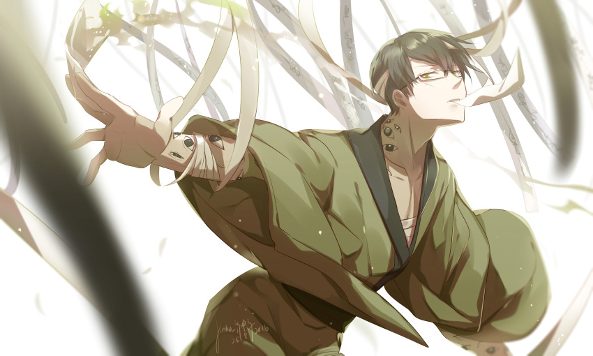 1boy 2016 absurdres alternate_eye_color artist_name bandage bangs between_fingers black-framed_eyewear black_hair blurry dated depth_of_field dodomeki glasses green green_eyes green_kimono hair_between_eyes highres holding japanese_clothes kimono light_particles long_sleeves looking_at_viewer male_focus matsuno_choromatsu mouth_hold osomatsu-kun osomatsu-san outstretched_arms phino sarashi sash signature solo spread_arms upper_body wide_sleeves