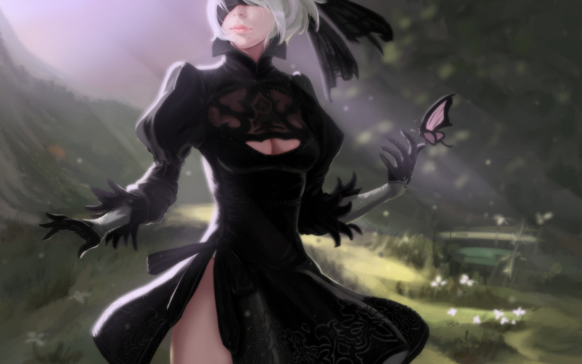 1girl blindfold breasts butterfly cleavage cleavage_cutout cowboy_shot flower fwing gloves highres lips mole mole_under_mouth nier_(series) nier_automata side_slit silver_hair solo thighs yorha_no._2_type_b yorha_unit_no._2_type_b