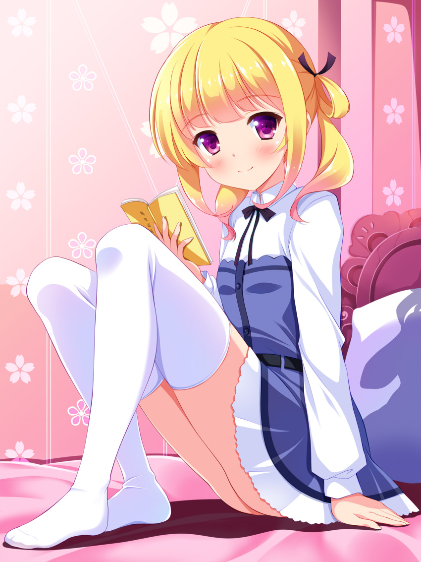 1girl bangs bedroom blonde_hair blue_dress blush book breasts closed_mouth collared_shirt dress eyebrows_visible_through_hair floral_print full_body girlish_number highres indoors knees_up long_sleeves looking_at_viewer no_shoes on_bed open_book pillow shirt short_hair sitting small_breasts smile socks solo sonou_momoka thigh-highs twintails violet_eyes white_legwear white_shirt yagami-all_hail_nanao