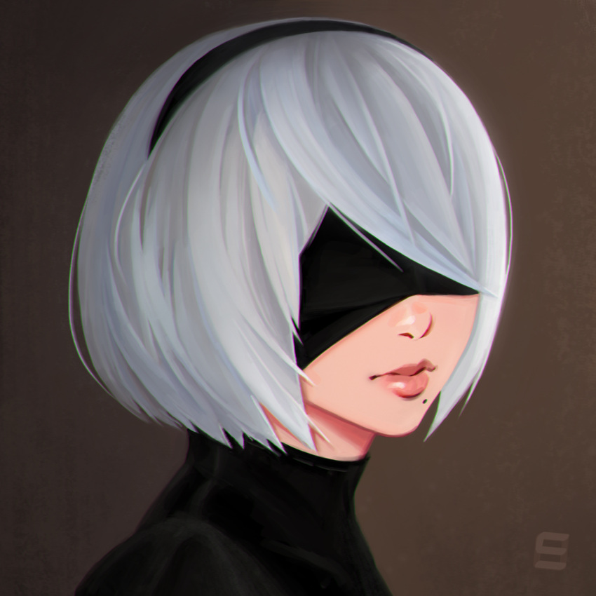 1girl blindfold brown_background hair_over_eyes hairband highres lips mole mole_under_mouth nier_(series) nier_automata portrait samobscure short_hair silver_hair solo yorha_no._2_type_b yorha_unit_no._2_type_b