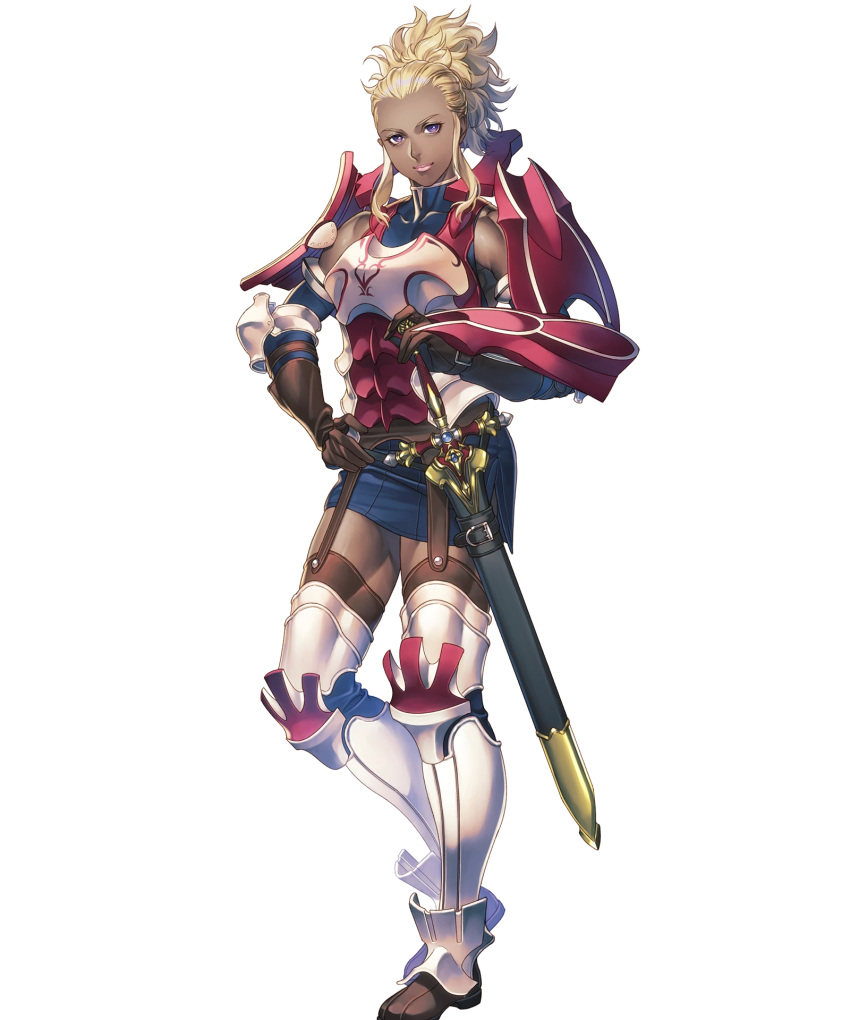 1girl armor armored_boots blonde_hair boots breastplate closed_mouth dark-skinned_female dark_skin dress elbow_pads fire_emblem fire_emblem_awakening fire_emblem_heroes flavia_(fire_emblem) gloves hand_on_hip highres lips long_hair looking_at_viewer official_art short_dress shoulder_armor sidelocks skirt smile solo standing sword thigh-highs tied_hair transparent_background violet_eyes weapon yoneko_okome zettai_ryouiki