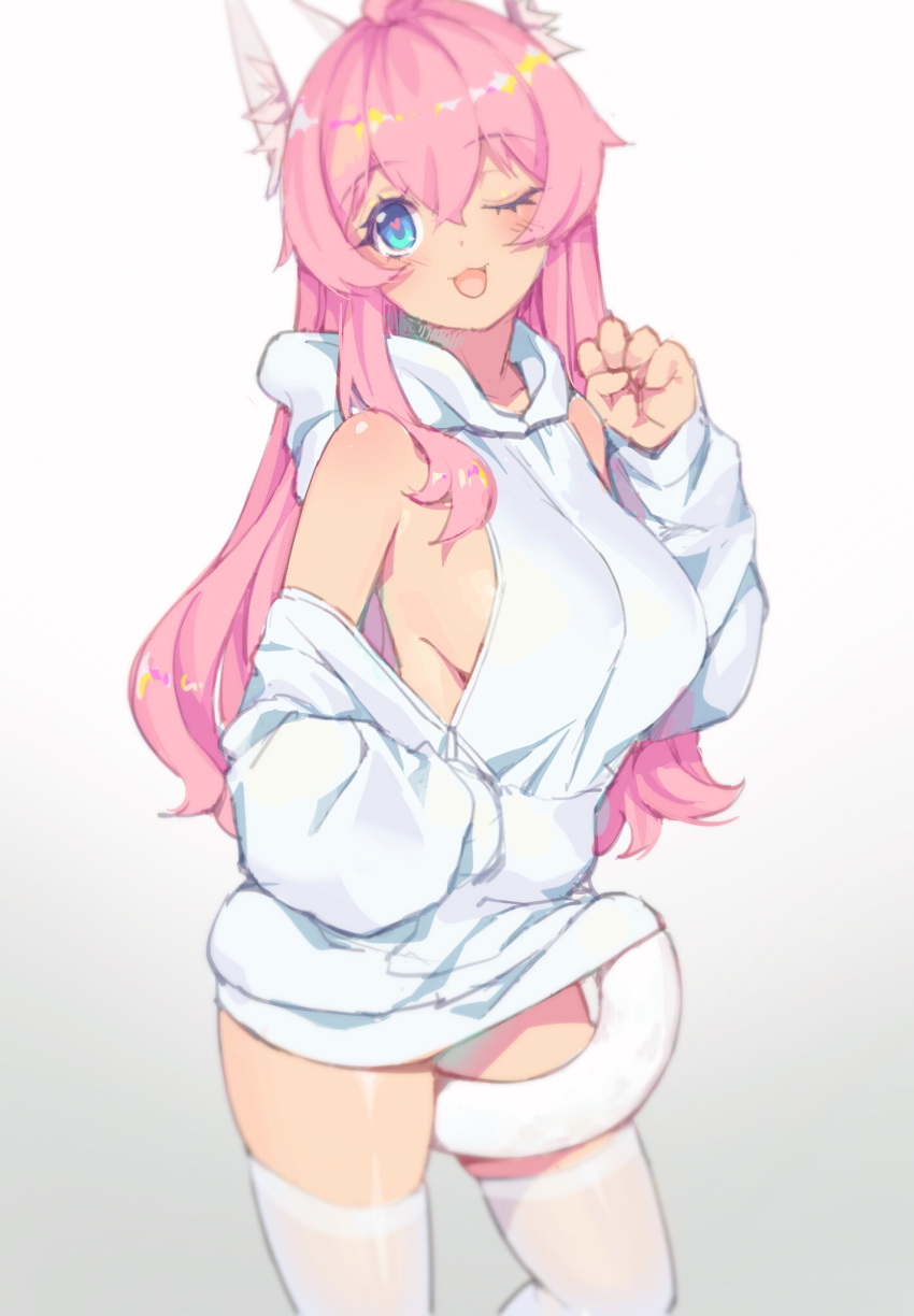1girl animal_ear_fluff animal_ears blue_eyes blush breasts cat_ears cat_tail eyebrows_visible_through_hair fang fiodo gradient gradient_background hair_between_eyes hand_in_pocket hand_up heart heart_in_eye highres hood hood_down hoodie hoodie_lift large_breasts long_sleeves looking_at_viewer one_eye_closed open_mouth original paw_pose pink_hair shoulder_cutout sideboob sidelocks simple_background solo symbol_commentary symbol_in_eye tail tail_lift thigh-highs white_background white_hoodie white_legwear