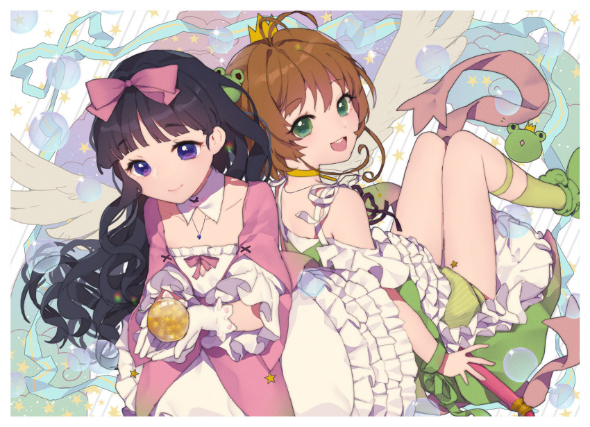 2girls :d acidear antenna_hair ball bangs bare_shoulders black_hair blunt_bangs border bow brown_hair bubble card_captor_sakura choker closed_mouth collarbone daidouji_tomoyo detached_collar diffraction_spikes dress eyebrows_visible_through_hair flat_chest frilled_dress frilled_sleeves frills frog_hair_ornament gloves green_eyes green_legwear green_shoes green_shorts hair_bow hair_ornament holding hoshi_no_tsue jewelry kinomoto_sakura kneehighs long_hair looking_at_viewer multiple_girls necklace open_mouth pendant pink_bow ribbon riding shoes short_hair shorts sidesaddle smile sock_garters sphere star two_side_up violet_eyes white_border white_gloves white_wings wings wrist_ribbon