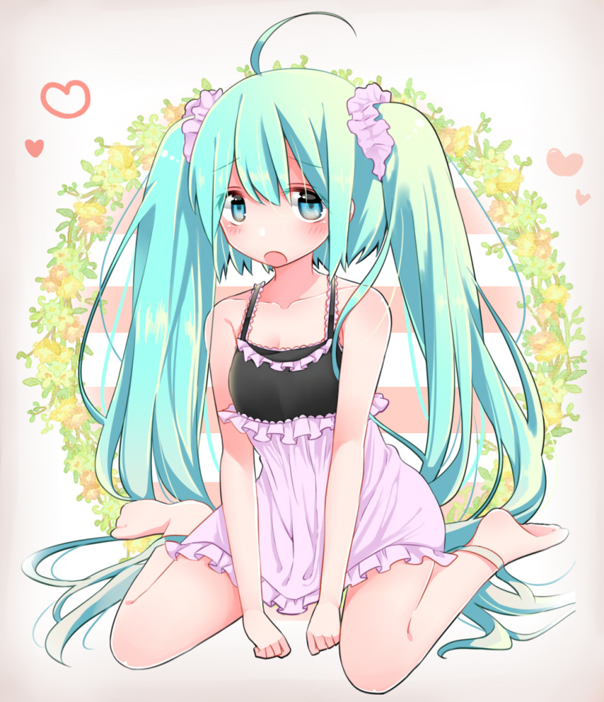 1girl :o ahoge aqua_eyes aqua_hair bangs barefoot blush breasts camisole cleavage collarbone eyebrows_visible_through_hair frills hair_between_eyes hair_ornament hair_scrunchie hatsune_miku heart highres long_hair looking_at_viewer medium_breasts open_mouth scrunchie sitting sleepwear solo tareme twintails umino_(umino00) very_long_hair vocaloid wariza wreath