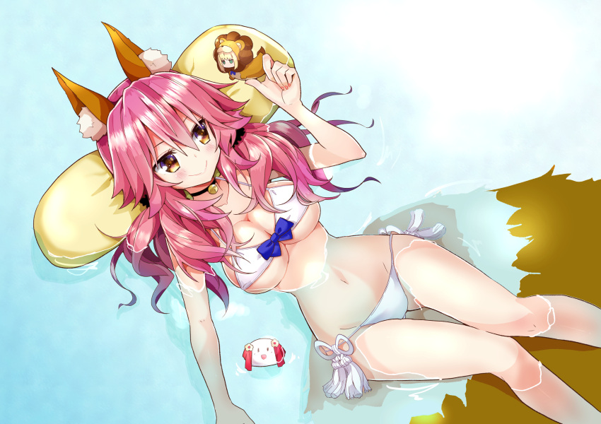 2girls ahoge animal_costume animal_ears artoria_pendragon_(all) bad_id bad_pixiv_id bell bell_collar bikini blonde_hair blush breasts chibi cleavage collar fate/extra fate_(series) fox_ears fox_tail green_eyes groin highres large_breasts lion_costume long_hair looking_at_another multiple_girls nail_polish nanakusa_amane pink_hair saber saber_lion short_hair swimsuit tail tamamo_(fate)_(all) tamamo_no_mae_(fate) water white_bikini yellow_eyes