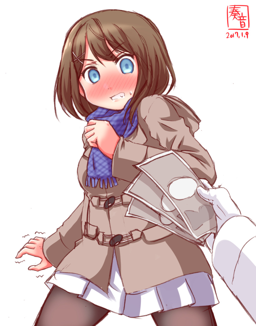 1boy 1girl 2017 admiral_(kantai_collection) alternate_costume black_legwear blue_eyes blush brown_hair casual coat commentary_request dated full-face_blush gloves hair_ornament highres holding kanon_(kurogane_knights) kantai_collection long_sleeves maya_(kantai_collection) money pantyhose pleated_skirt pov pov_hands scarf short_hair simple_background sketch skirt surprised sweat trembling white_background white_gloves white_skirt winter_clothes winter_coat x_hair_ornament