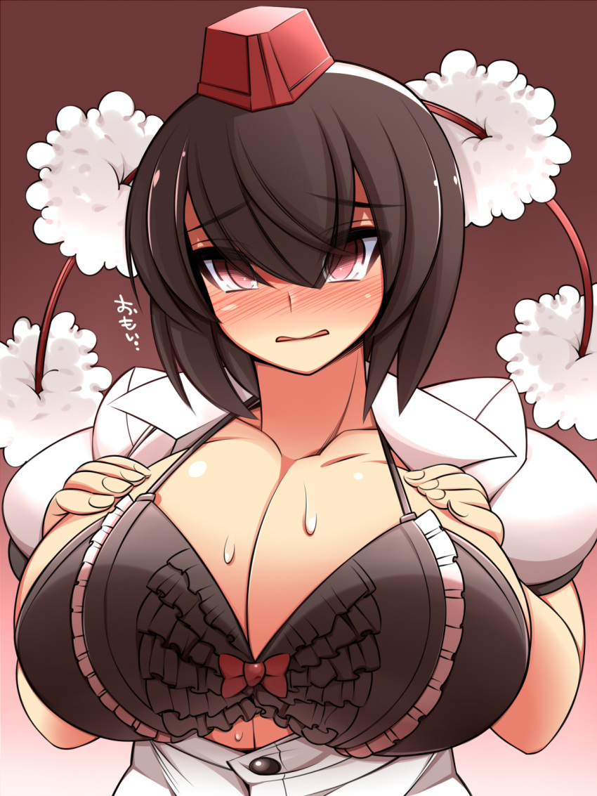1girl blush bow bow_bra bra breast_hold breasts breasts_outside brown_hair cleavage collared_shirt commentary_request d: frilled_bra frills hat highres huge_breasts looking_at_viewer open_clothes open_mouth open_shirt pom_pom_(clothes) puffy_short_sleeves puffy_sleeves red_eyes revision shameimaru_aya shirt short_hair short_sleeves solo sweat tokin_hat touhou tsurime ueda_katsuhito underwear