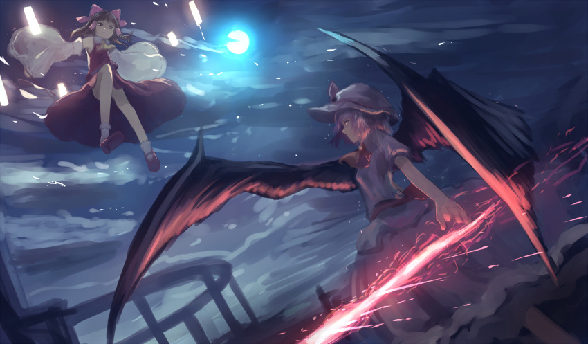 2girls absurdres ascot battle black_hair blurry bow brown_eyes clouds cloudy_sky dark detached_sleeves dutch_angle flying full_moon glowing glowing_weapon gohei hair_bow hair_tubes hakurei_reimu hat highres light_particles long_hair looking_down mifuru mob_cap moon moonlight multiple_girls night purple_hair red_eyes remilia_scarlet serious short_hair sky spear_the_gungnir spell_card touhou weapon wings