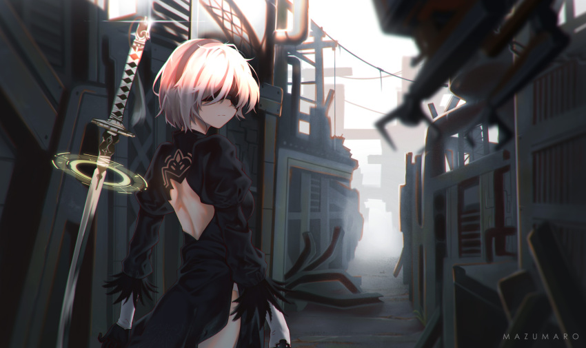 1girl android arms_at_sides artist_name back_opening black_dress black_gloves black_hairband blindfold breasts closed_mouth covered_eyes debris dress from_behind glint gloves hairband highleg highleg_leotard highres juliet_sleeves katana legs_together leotard long_sleeves looking_back mazumaro medium_breasts nier_(series) nier_automata open-back_dress outdoors puffy_sleeves short_dress short_hair shoulder_blades side_slit silver_hair solo standing sword turtleneck upper_body vambraces weapon white_leotard yorha_no._2_type_b yorha_unit_no._2_type_b