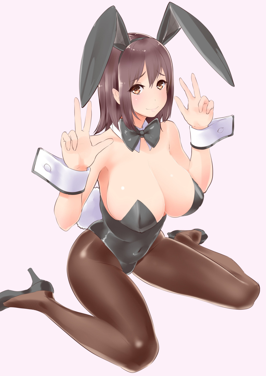 1girl absurdres animal_ears bare_shoulders blush bow bowtie breasts brown_eyes brown_hair brown_legwear bunny_girl bunny_tail bunnysuit character_request covered_navel detached_collar double_v fake_animal_ears high_heels highres large_breasts leotard matching_hair/eyes pantyhose rabbit_ears short_hair simple_background sitting smile solo tail tori_kaku v wariza wrist_cuffs