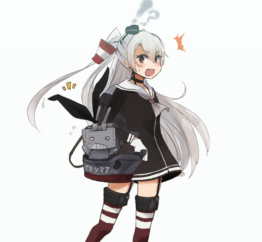 !? amatsukaze_(kantai_collection) animal_ears annin_musou arms_up blue_dress brown_eyes choker dress garter_straps gloves hair_between_eyes hair_tubes hairband hat highres kantai_collection long_hair long_sleeves looking_at_viewer mini_hat open_mouth rabbit_ears rensouhou-chan rigging sailor_dress school_uniform silver_hair striped striped_legwear surprised tears thigh-highs translation_request twintails white_background