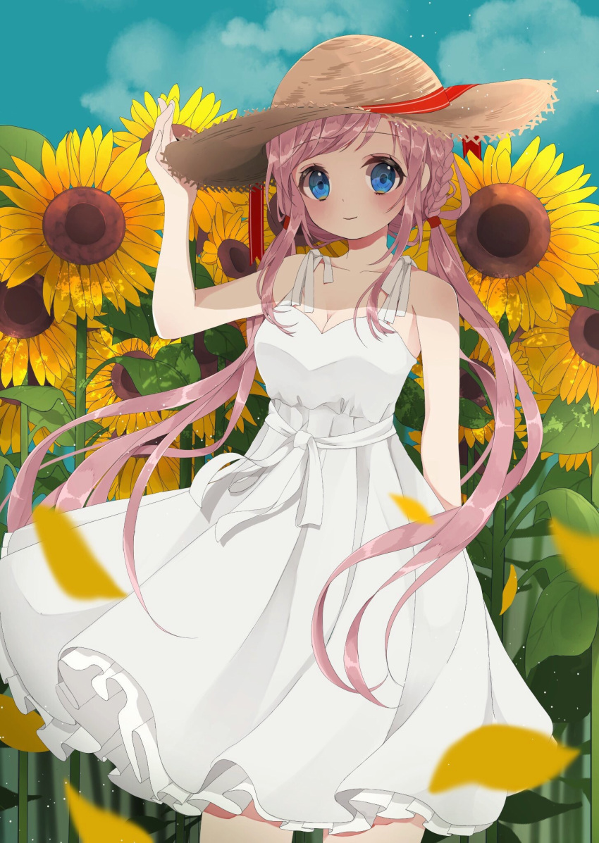 1girl arm_behind_back bangs blue_eyes blue_sky blush braid breasts closed_mouth clouds collarbone cowboy_shot dress eyebrows_visible_through_hair field floating_hair flower flower_field hat highres holding holding_hat light_smile long_hair looking_at_viewer low_twintails medium_breasts original outdoors petals pink_hair sky smile solo straw_hat sundress sunflower swept_bangs twintails usamochi_(7290381) white_dress wind
