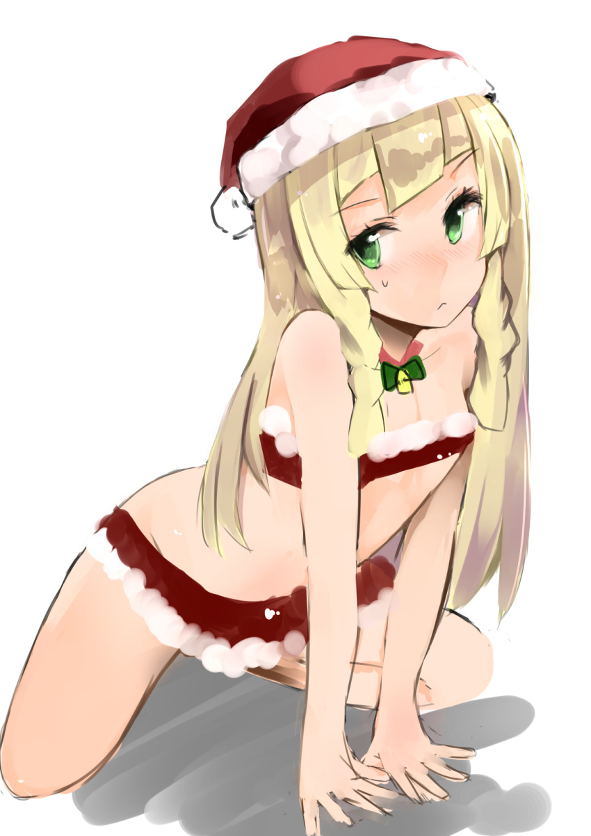 1girl bare_arms bare_legs bell blonde_hair blush breasts cleavage green_eyes hands_on_floor hat highres lillie_(pokemon) long_hair looking_to_the_side muoto navel pokemon pokemon_(game) pokemon_sm santa_costume santa_hat simple_background solo squatting underwear white_background