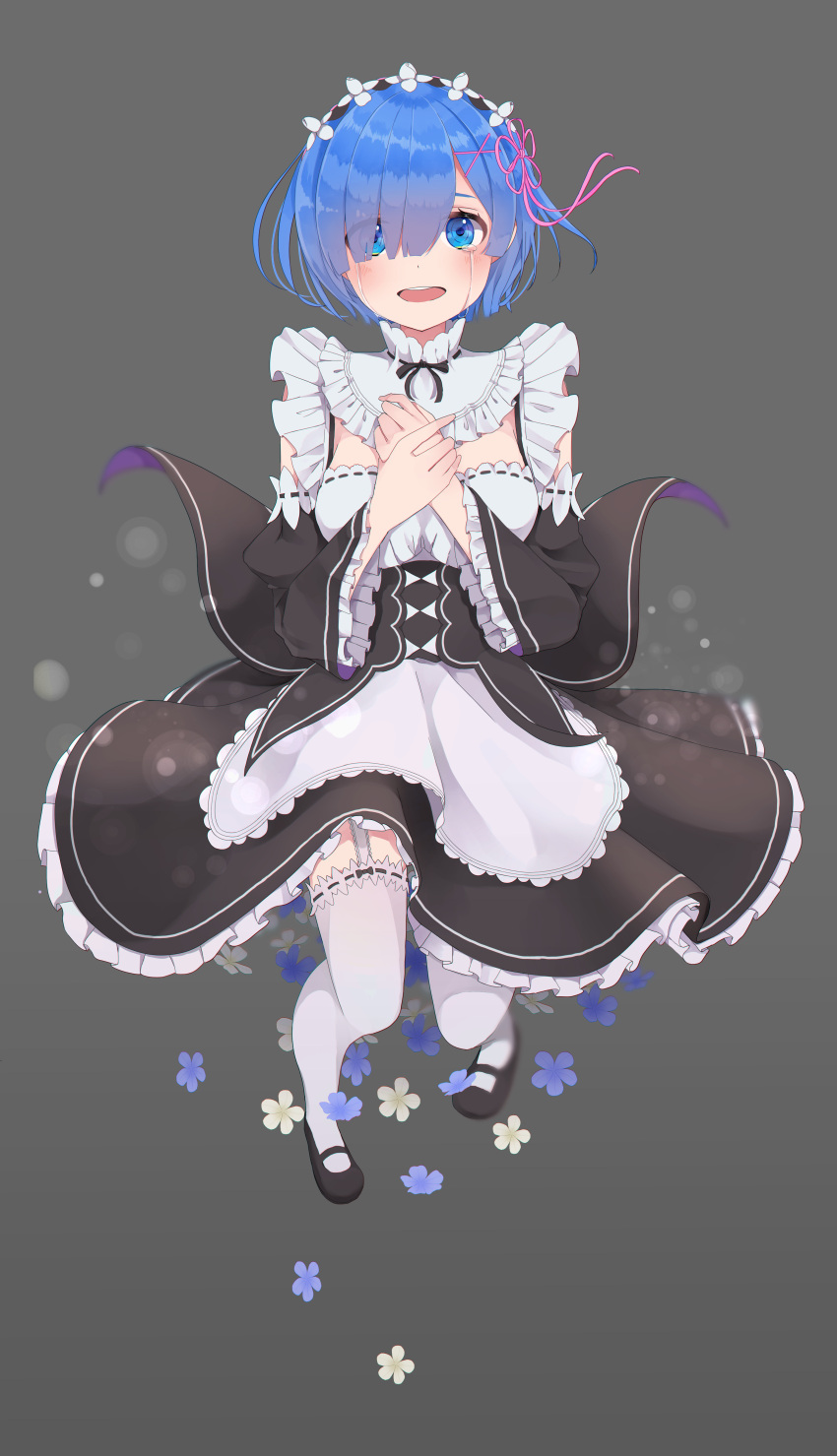 1girl absurdres apron bangs black_shoes blue_eyes blue_flower blue_hair blush breasts collar detached_collar detached_sleeves eyes_visible_through_hair flower frilled_apron frilled_collar frilled_legwear frilled_sleeves frills full_body garter_straps grey_background hair_ornament hair_over_one_eye hair_ribbon hands_on_own_chest hands_up happy happy_tears highres looking_at_viewer maid maid_headdress mary_janes matching_hair/eyes medium_breasts own_hands_together parted_lips purple_ribbon re:zero_kara_hajimeru_isekai_seikatsu rem_(re:zero) ribbon shoes short_hair simple_background smile solo tears teeth usamochi_(7290381) waist_apron white_flower white_legwear wide_sleeves x_hair_ornament