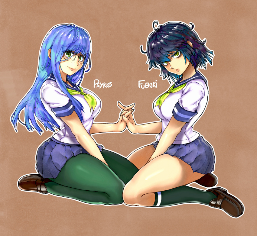 &gt;:( 2girls ahoge bangs black_hair blue_hair blue_skirt breasts brown_shoes character_name closed_mouth freckles from_side fubuki_(one-punch_man) full_body glasses green_eyes green_legwear hand_holding highres interlocked_fingers loafers long_hair looking_at_viewer looking_to_the_side medium_breasts multiple_girls neckerchief one-punch_man pantyhose pleated_skirt psychos rimless_glasses school_uniform seiza serafuku shoes short_hair short_sleeves sidelocks sitting skirt smile socks the_golden_smurf younger