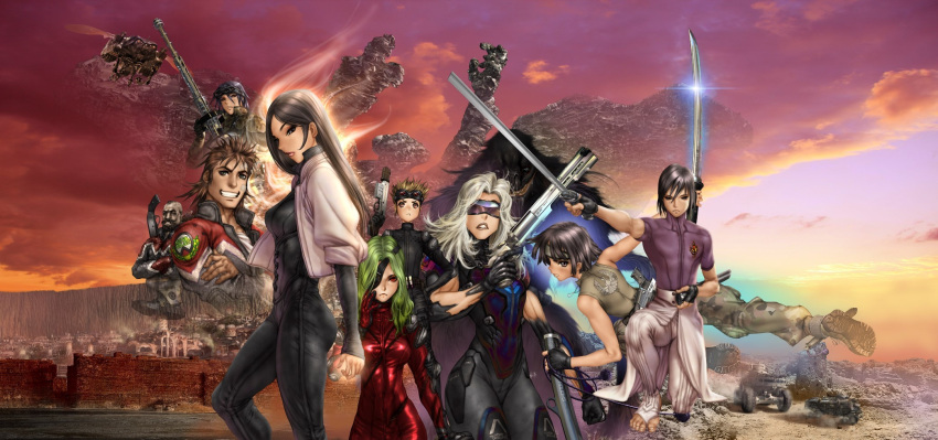 3boys 6+girls aura barefoot black_gloves black_hair bodysuit brown_hair clouds cloudy_sky crossed_arms feet fingerless_gloves gloves green_hair grin gun hair_over_one_eye headband highres holding holding_weapon honoka_(the_third) jacket lipstick long_hair makeup mullet multiple_boys multiple_girls official_art open_clothes open_jacket paife shirou_masamune short_hair sky smile sunset sword tank_top the_third toeless_legwear unsheathed weapon