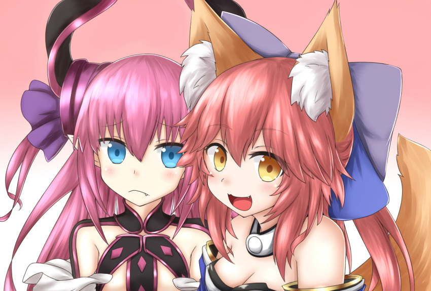 2girls :3 :d animal_ears bangs bare_shoulders blue_bow blue_eyes blush bow breasts brown_hair choker cleavage detached_collar detached_sleeves elizabeth_bathory_(fate) elizabeth_bathory_(fate)_(all) eyebrows_visible_through_hair fang fang_out fate/extra fate/grand_order fate_(series) flat_chest fox_ears fox_tail frown gradient gradient_background hair_between_eyes hair_bow hair_ribbon horn_ribbon horns horokusa_(korai) japanese_clothes long_hair looking_at_another looking_at_viewer multiple_girls open_mouth pink_background pink_hair pointy_ears purple_ribbon ribbon small_breasts smile tail tamamo_(fate)_(all) tamamo_no_mae_(fate) two_side_up upper_body yellow_eyes