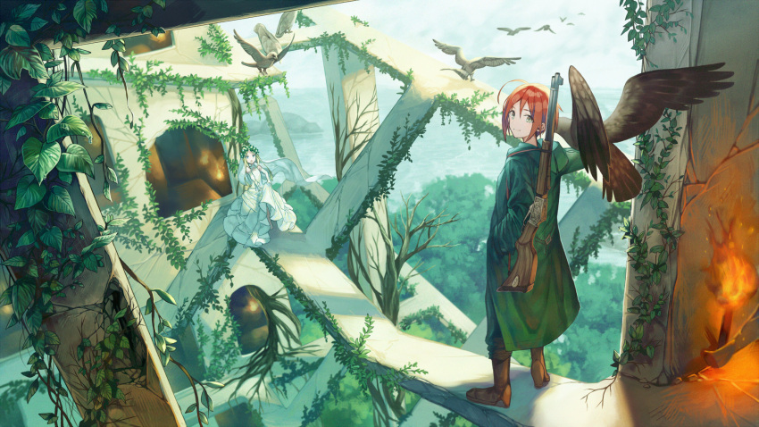 1boy 1girl ahoge angry barefoot bird bird_on_arm blonde_hair blue_eyes bridal_veil brown_hair clouds dress elbow_gloves fantasy fire from_above gloves green_eyes gun hawk head_wreath highres horizon looking_at_viewer looking_back mocco ocean original overgrown plant reaching_out rifle ruins scenery shadow short_hair skirt_hold sling smile sunlight torch tower tree trench_coat veil vines walking water weapon wedding_dress white_gloves
