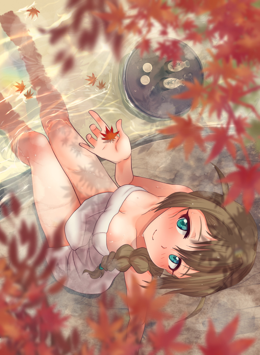 1girl alcohol aqua_eyes baba_konomi blush braid breasts brown_hair cleavage from_above hair_over_shoulder highres idolmaster idolmaster_million_live! leaf long_hair looking_at_viewer looking_up maple_leaf onsen run_p_(aveton) sake single_braid sitting smile soaking_feet solo wet