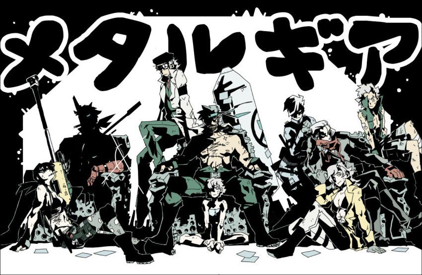 4girls 5boys big_boss cigarette eli_(mgs) eva_(mgs) eyepatch glasses headband jacket kazuhira_miller looking_at_viewer metal_gear_(series) metal_gear_solid_3 metal_gear_solid_peace_walker metal_gear_solid_v multiple_boys multiple_girls parody paz_ortega_andrade quiet_(metal_gear) revolver_ocelot scar scarf shaded_face sitting starlock style_parody tengen_toppa_gurren_lagann venom_snake