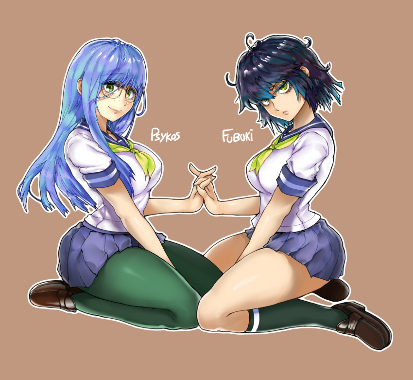 &gt;:( 2girls ahoge bangs black_hair blue_hair blue_skirt breasts brown_shoes character_name closed_mouth freckles from_side fubuki_(one-punch_man) full_body glasses green_eyes green_legwear hand_holding highres interlocked_fingers loafers long_hair looking_at_viewer looking_to_the_side medium_breasts multiple_girls neckerchief one-punch_man pantyhose pleated_skirt psychos rimless_glasses school_uniform seiza serafuku shoes short_hair short_sleeves sidelocks sitting skirt smile socks the_golden_smurf younger