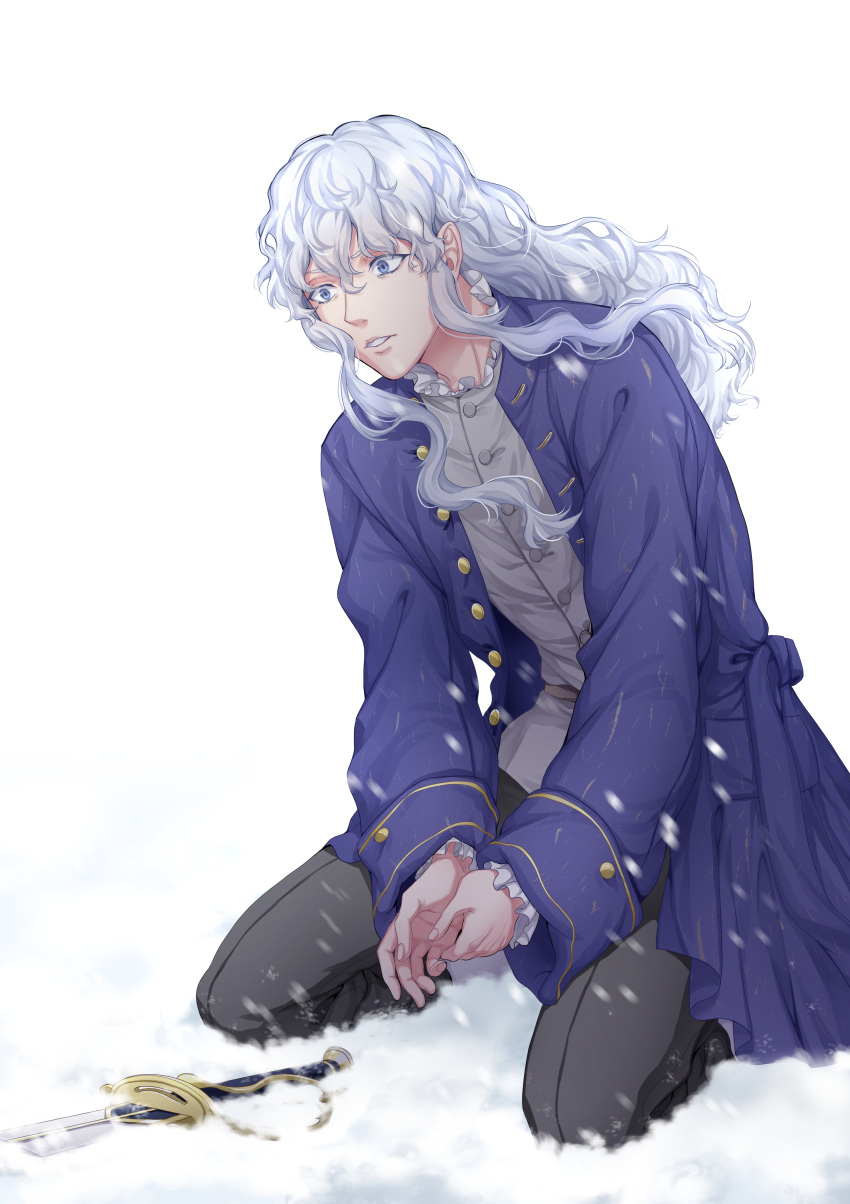 1boy absurdres berserk blue_eyes broken broken_sword broken_weapon clenched_teeth curly_hair eyebrows_visible_through_hair frills griffith highres kneeling long_hair male_focus nanin sidelocks snow snowing solo sword teeth weapon white_hair