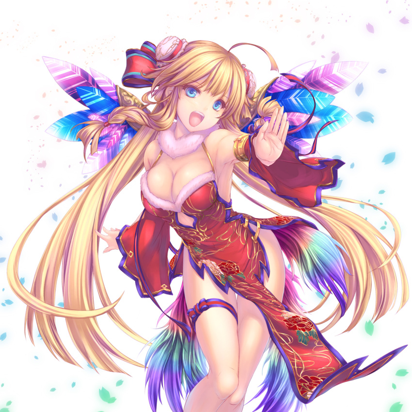 1girl ahoge bangs blonde_hair breasts chunmei cleavage contrapposto double_bun dress eyebrows_visible_through_hair foreshortening fur_collar highres hips large_breasts long_hair looking_at_viewer open_mouth outstretched_arm outstretched_hand pelvic_curtain petals purple_ribbon red_dress red_ribbon ribbon shironeko_project simple_background smile solo striped striped_ribbon teeth tenmaso thigh_ribbon thighs white_background
