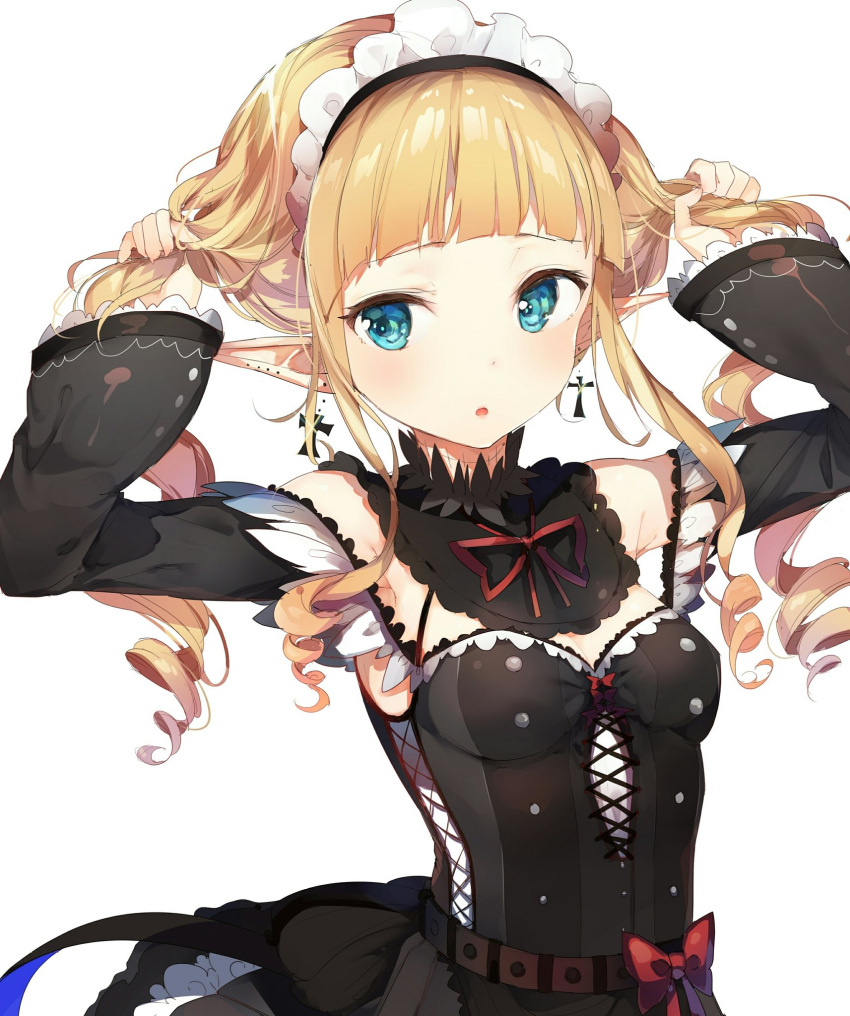 1girl adjusting_hair aqua_eyes bangs black_dress blonde_hair blush breasts bunching_hair cross cross_earrings curly_hair detached_collar detached_sleeves dress earrings gothic_lolita highres jewelry lace-trimmed_sleeves lolita_fashion long_hair looking_at_viewer maid maid_headdress medium_breasts niito original parted_lips pointy_ears red_ribbon ribbon simple_background solo striped upper_body vertical-striped_dress vertical_stripes white_background