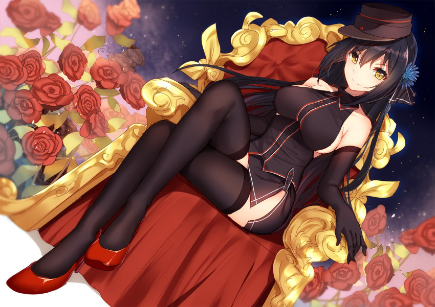 1girl bison_cangshu black_legwear breasts chair character_request elbow_gloves flower gloves hair_flower hair_ornament hat highres ida_brooke large_breasts legs_crossed long_hair mecha_musume panzer_waltz personification rose sideboob solo thigh-highs yellow_eyes
