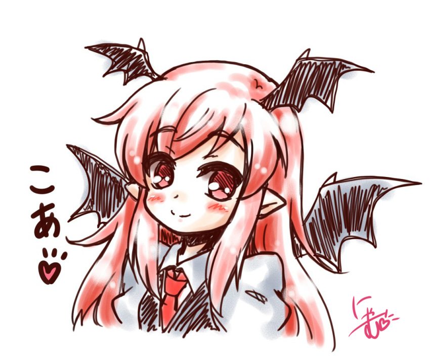 1girl bat_wings blush commentary_request eyebrows_visible_through_hair head_wings heart juliet_sleeves koa_(phrase) koakuma long_hair long_sleeves looking_at_viewer neko_yume pointy_ears puffy_sleeves red_eyes redhead sidelocks simple_background sketch smile solo touhou upper_body vest white_background wings
