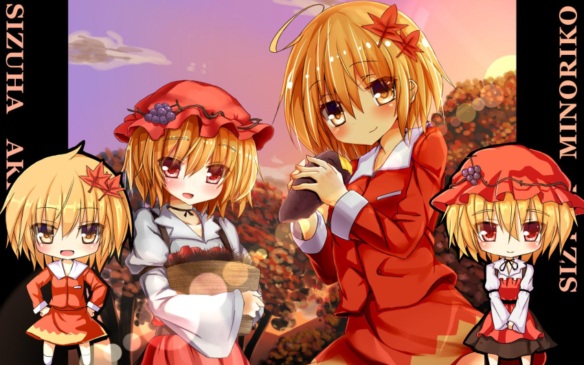 2girls 5240mosu :d ahoge aki_minoriko aki_shizuha bangs blonde_hair blush character_name chibi choker closed_mouth collarbone eyebrows_visible_through_hair food fruit grapes hair_between_eyes hair_ornament hands_on_hips hat highres holding holding_basket holding_food juliet_sleeves leaf_hair_ornament lens_flare long_sleeves looking_at_viewer mob_cap multiple_girls open_mouth outdoors own_hands_together puffy_sleeves red_eyes red_hat red_skirt short_hair skirt smile standing sun sunlight sweet_potato touhou tree wide_sleeves yellow_eyes