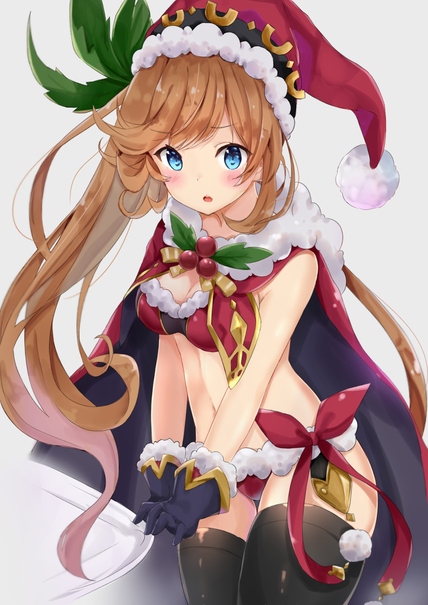 1girl bangs blue_eyes blue_gloves blush bra brown_hair capelet clarisse_(granblue_fantasy) eyebrows_visible_through_hair floating_hair fur-trimmed_gloves fur_trim gloves granblue_fantasy grey_background hat highres long_hair looking_at_another midriff navel out_of_frame panties parted_lips red_bra red_panties santa_costume santa_hat simple_background solo swept_bangs teeth thick_thighs thigh-highs thighs tug underwear yuukichi_(ncmf)