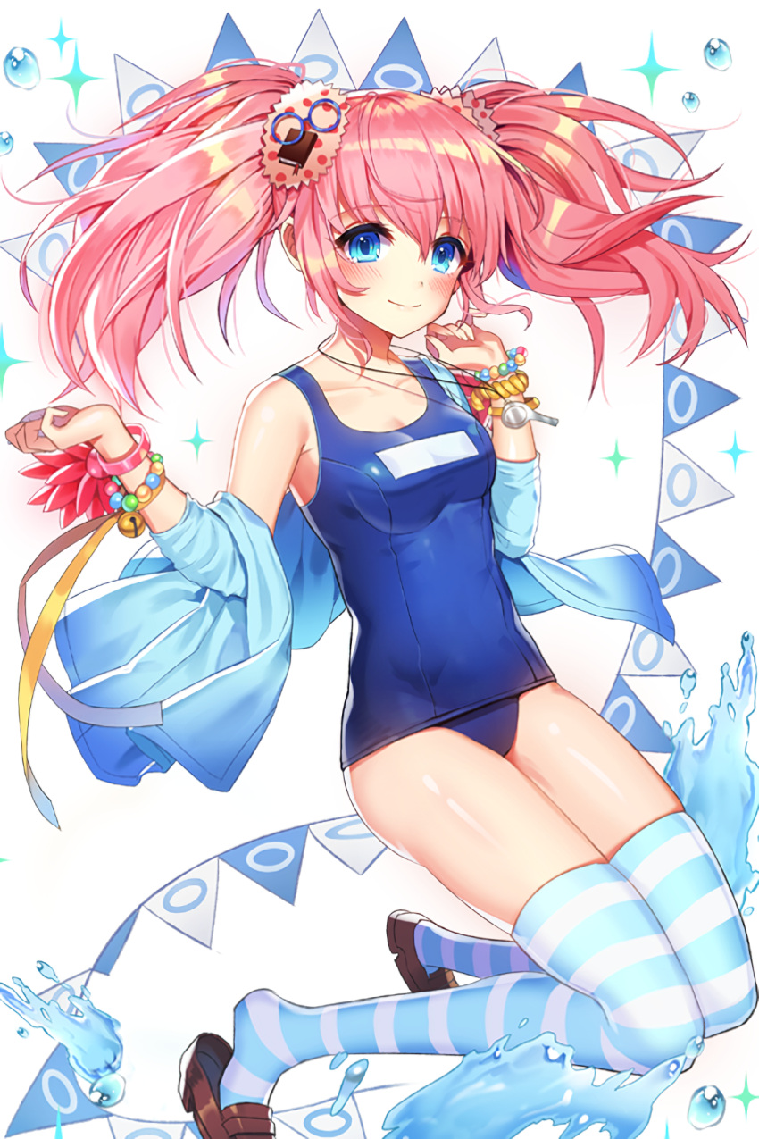 1girl alternate_costume bell blue_eyes blush bracelet brown_shoes carchet droplets highres jacket jewelry jingle_bell loafers nari_(soccer_spirits) official_art old_school_swimsuit pink_hair school_swimsuit shoe_dangle shoes smile soccer_spirits solo sparkle string_of_flags striped striped_legwear swimsuit thigh-highs water white wristband