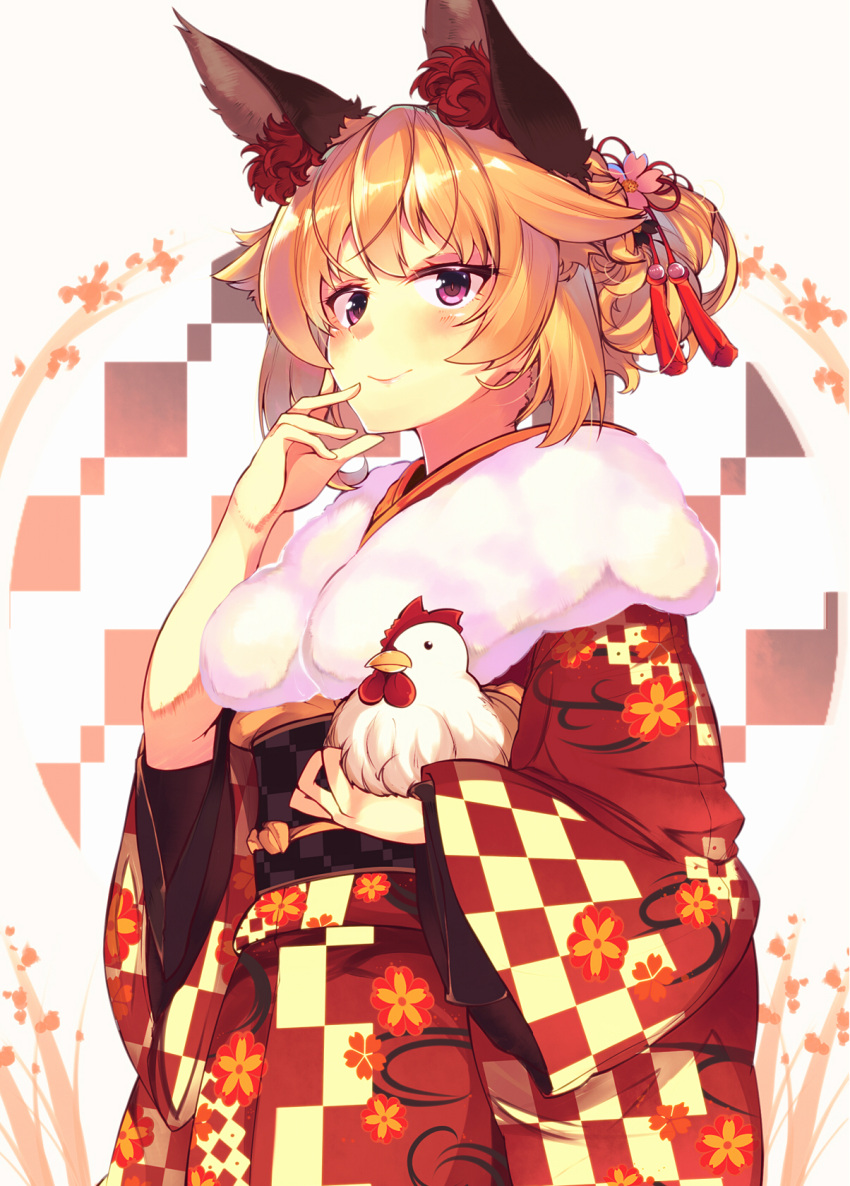 1girl animal_ears bangs bird blonde_hair chicken closed_mouth cowboy_shot floral_print flower folded_ponytail fox_ears fur hair_flower hair_ornament highres japanese_clothes kimono long_sleeves mizuyoukan_(mikususannda) obi original rooster sash sidelocks smile solo violet_eyes wide_sleeves